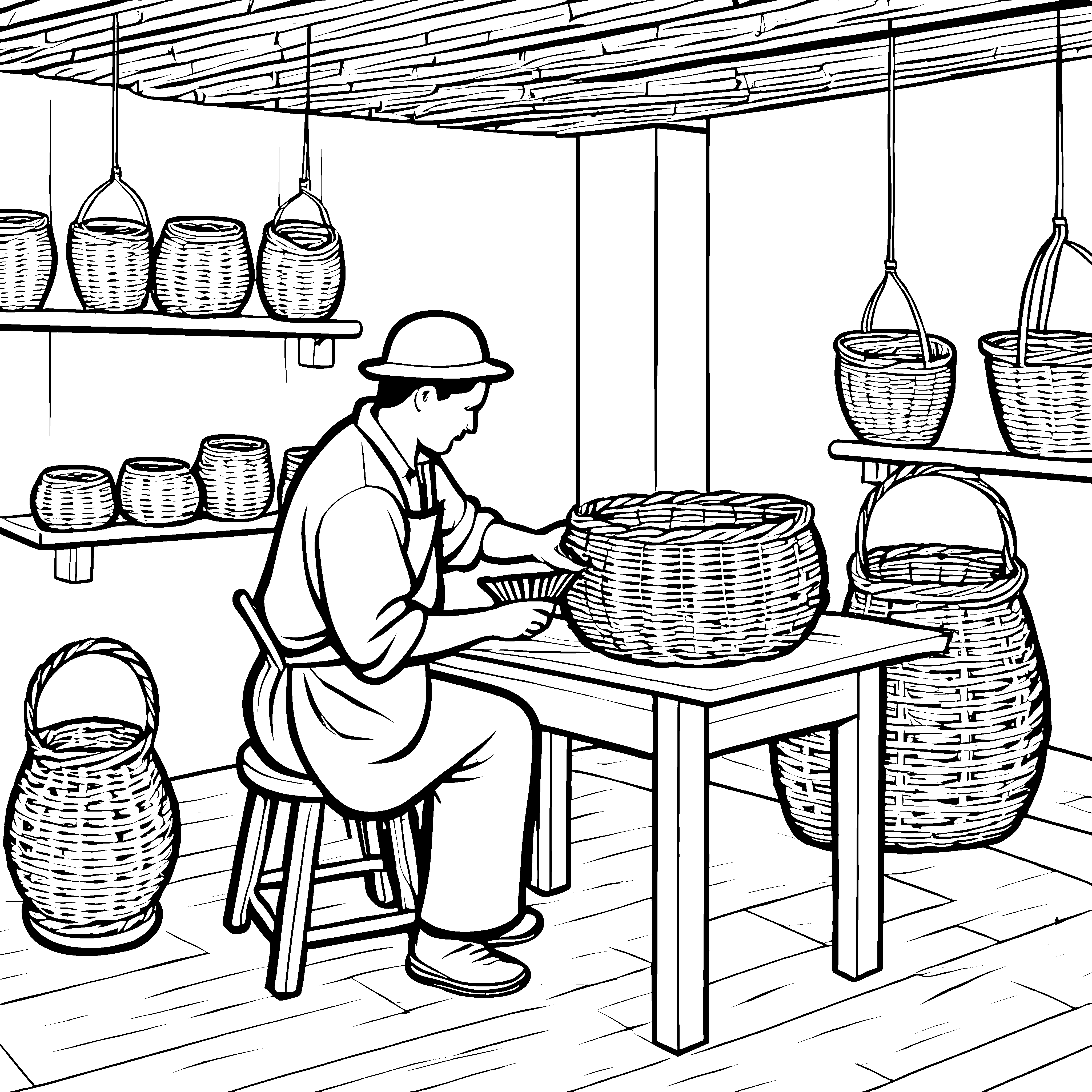Rustikaler Korbmacher bei der Arbeit Ausmalbild für neugierige Handwerker