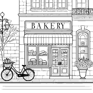 Gemütliche Bäckerei mit Fahrrad Ausmalvorlage für Brotliebhaber
