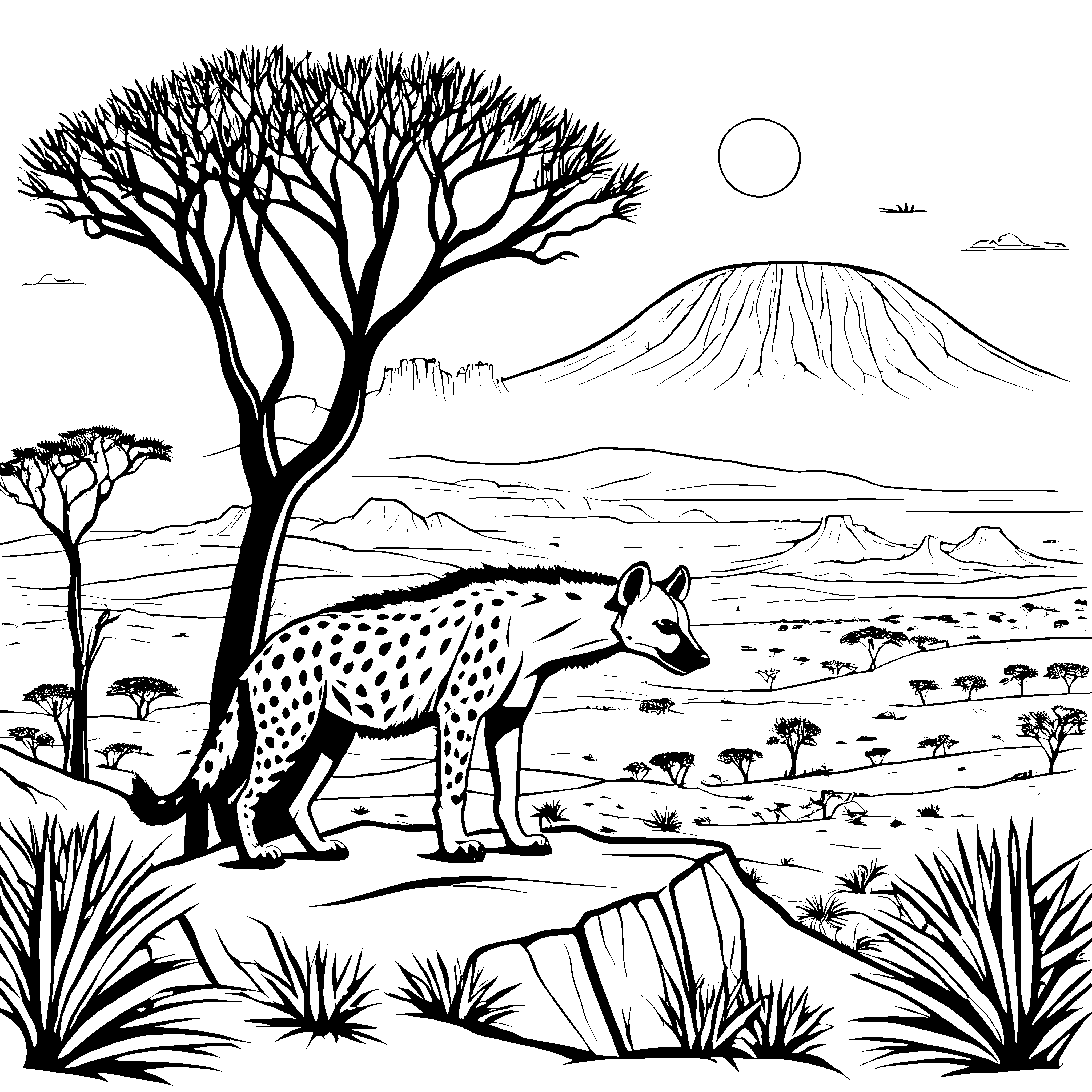 Mutige Hyäne in der Savanne Malvorlage für junge Safariabenteurer