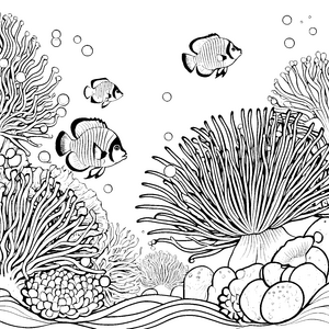 Wunderbare Clownfische bei Seeanemonen Malvorlage für fröhliche Meeresbewohner