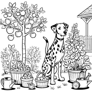 Aufmerksamer Dalmatiner im Apfelgarten Bastelmotiv für junge Gartenfreunde