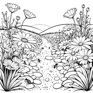 Lebhafte Ameisen auf Blumenpfaden Malvorlage für verträumte Naturfreunde