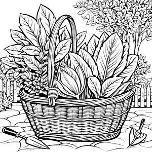 Fülliger Endivienkorb mit Gartenwerkzeug Malbild für mutige Naturbegeisterte