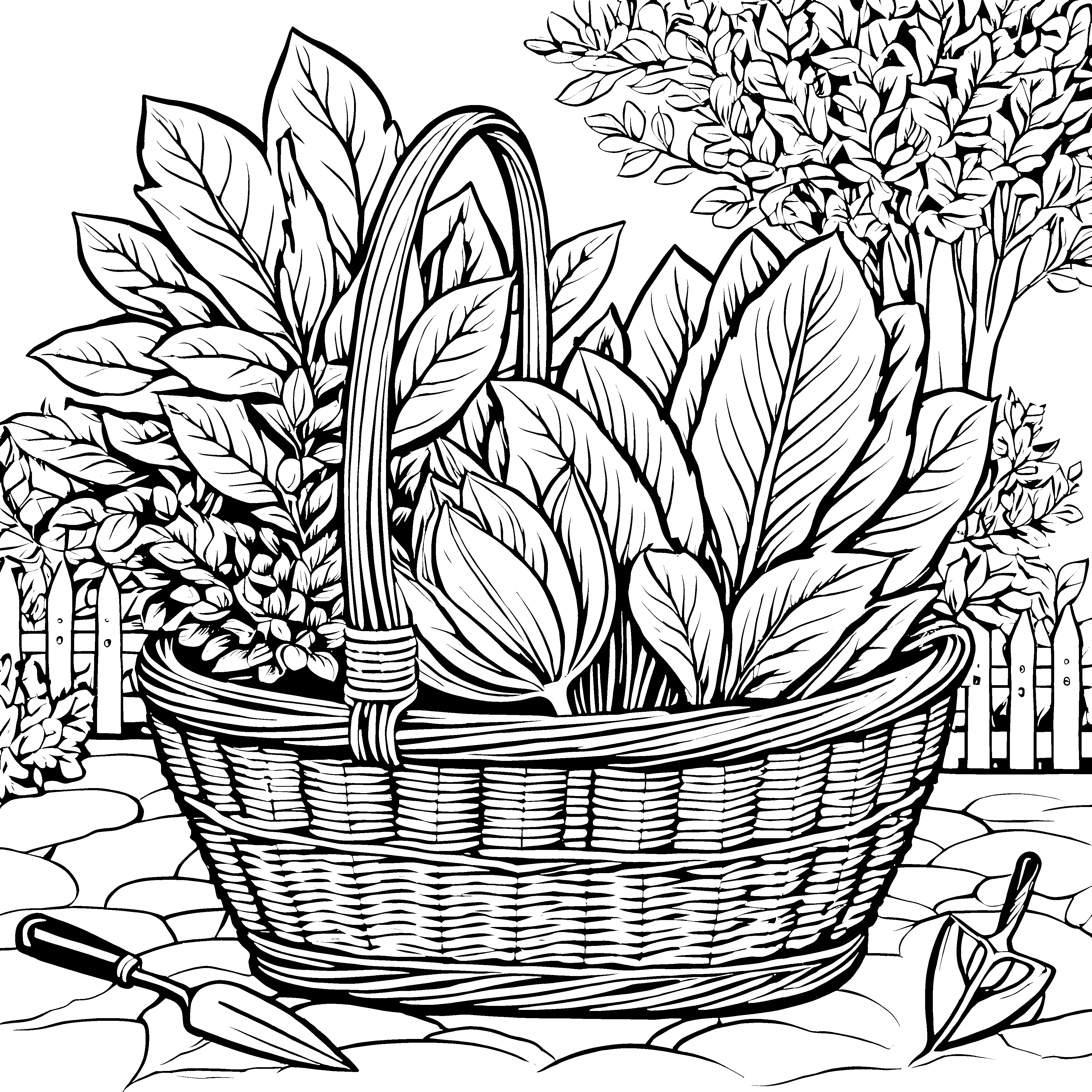 Fülliger Endivienkorb mit Gartenwerkzeug Malbild für mutige Naturbegeisterte