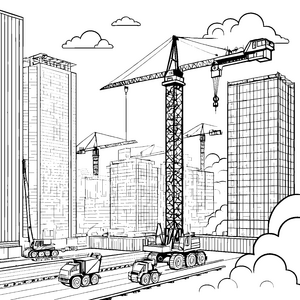 Große Baukräne und Fahrzeuge auf der Baustelle – Ausmalbild fuer kleine Entdecker