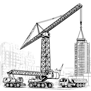 Ausmalbild: Große Baukräne und Lastwagen auf der Baustelle fuer kleine Entdecker