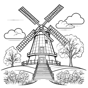 Prachtvolle Windmühle mit Blumen Ausmalvorlage für kreative Naturfreunde