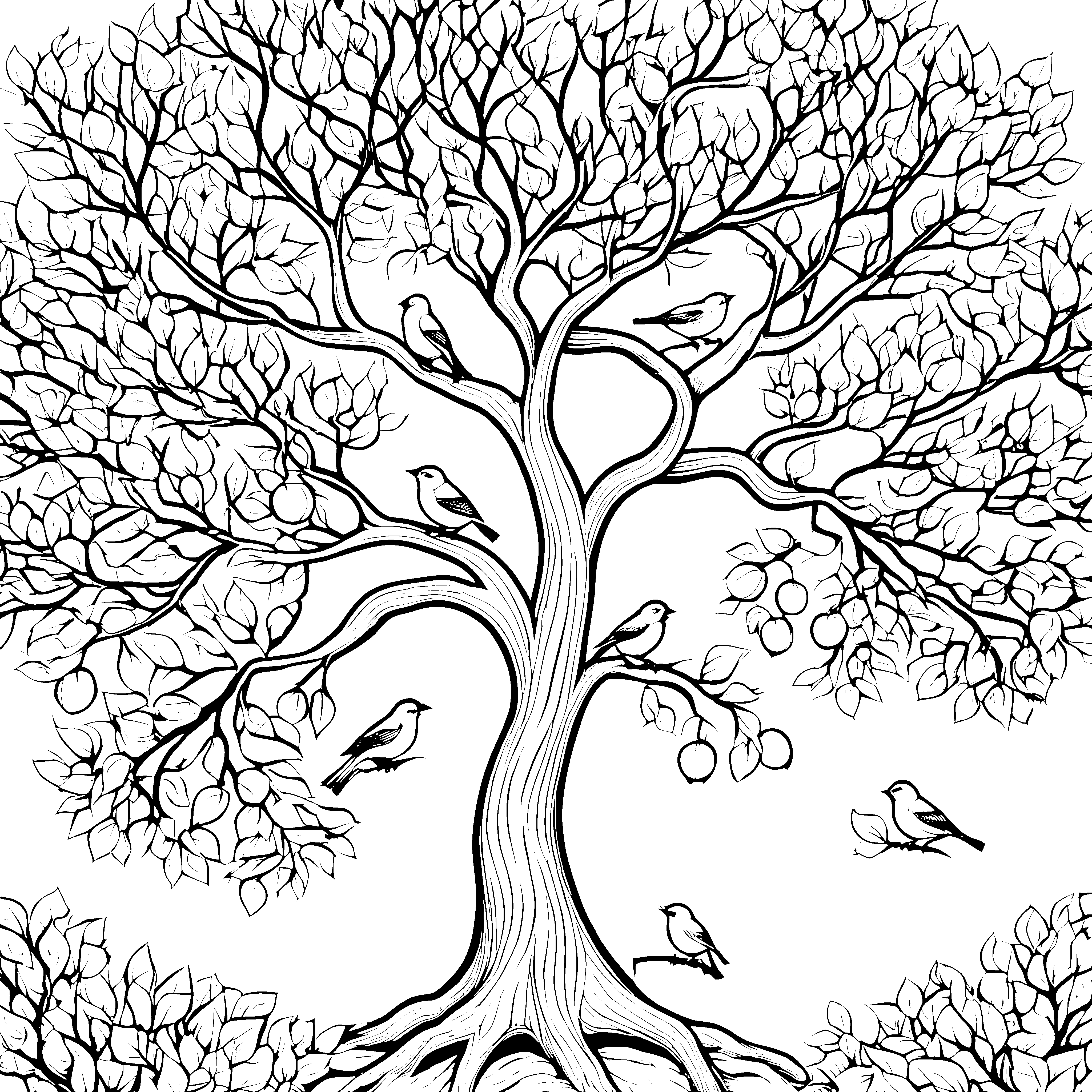 Prachtvoller Obstbaum mit Vögeln Bastelvorlage für junge Waldfreunde