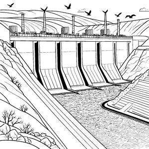 Imposanter Staudamm mit Windkraftanlagen Ausmalbild für kreative Energieforscher