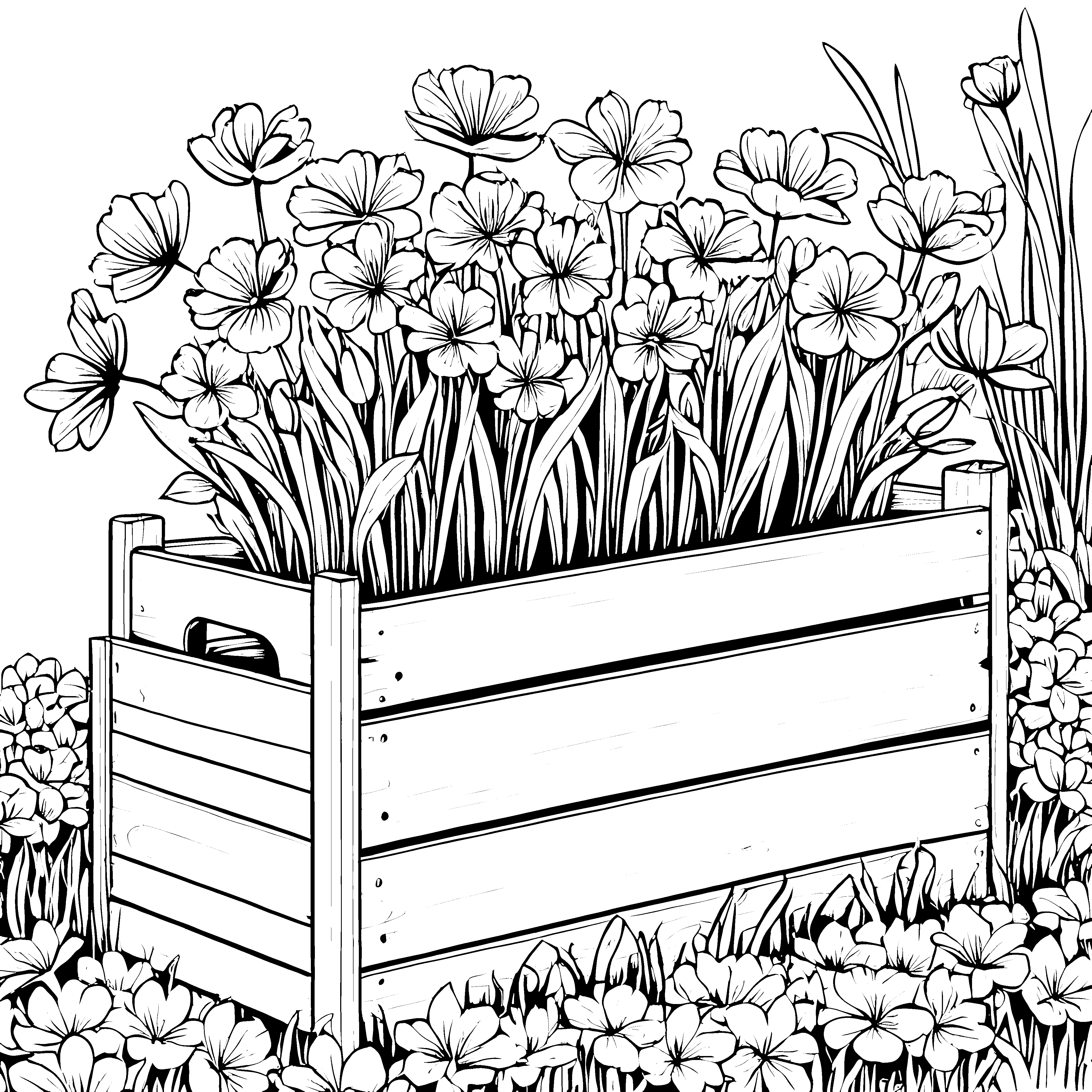 Farbenfrohe Stiefmütterchen im Holzkasten Ausmalvorlage für verträumte Gartenfreunde