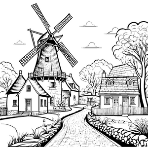 Idyllische Windmühle mit Häusern Malvorlage für junge Dorfbewohner