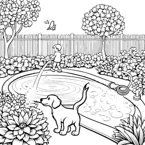 Fröhlicher Gartenschlauch am Pool Bastelvorlage für junge Gartenfreunde