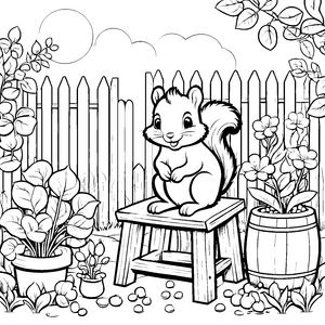 Das Eichhörnchen mit den Zuckererbsen im Garten Ausmalbild fuer kleine Entdecker