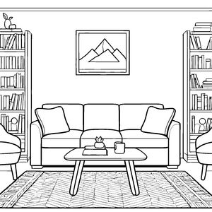 Gemütliches Dreisitzer-Sofa mit Couchtisch Ausmalbild für malfreudige Lesebudenfreunde