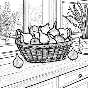 Rustikaler Zwiebelkorb: Ausmalvorlage für mutige Gartenfreunde