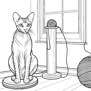 Stolze Sphynx-Katze mit Wollknäuel Malvorlage für Wollfreunde