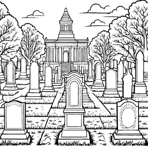 Ehrwürdiger Friedhof mit Grabsteinen Ausmalvorlage für Denkmalfreunde