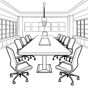 Moderner Konferenztisch mit Bürostühlen: Malvorlage für fröhliche Bürohelfer