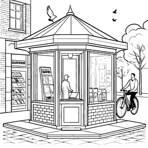 Lebendiger Kiosk mit Fahrrad Ausmalvorlage für kleine Stadtforscher