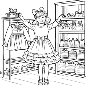 Das Mädchen wählt ein schönes Kleid im Geschäft – Ausmalbild fuer kleine Entdecker