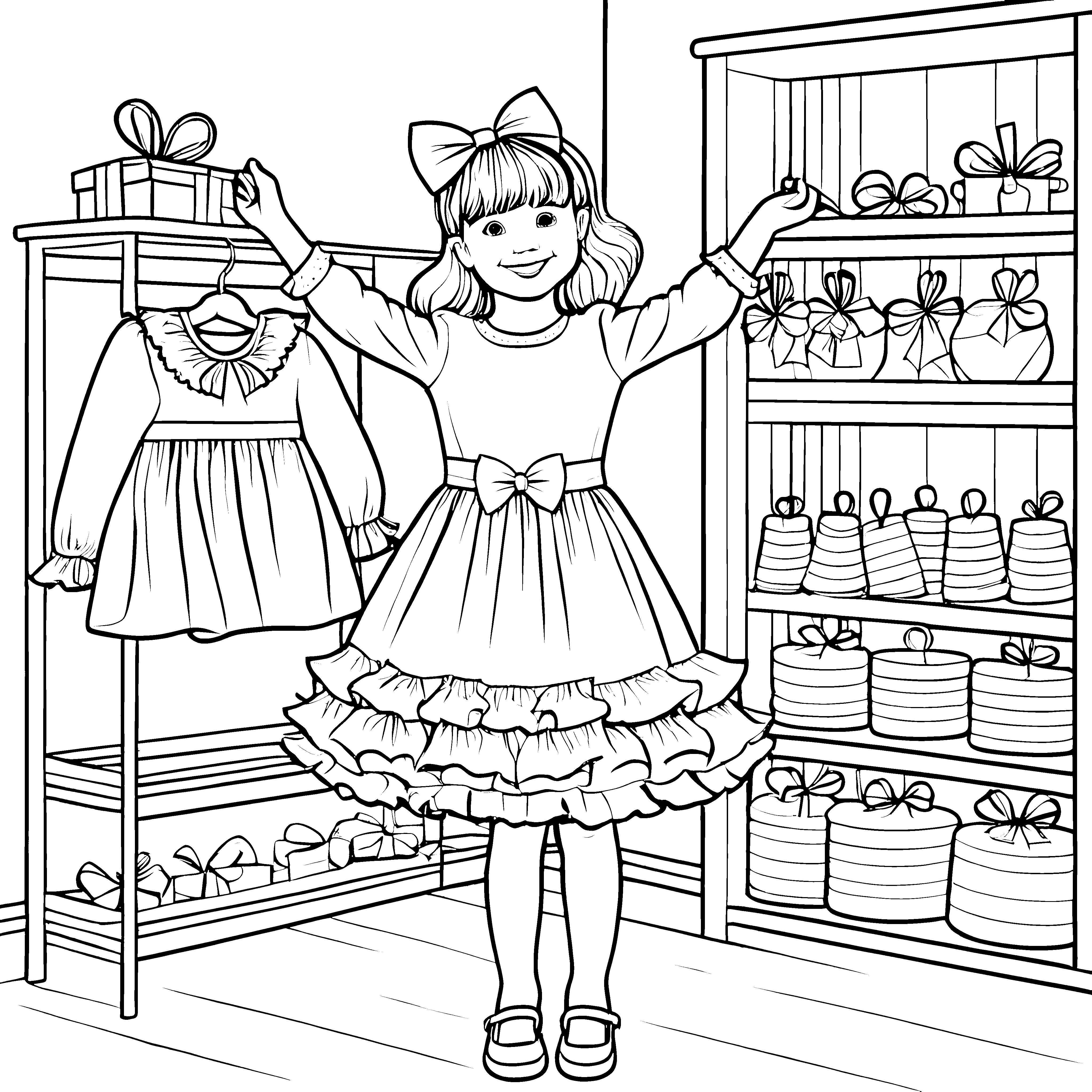 Das Mädchen wählt ein schönes Kleid im Geschäft - Ausmalbild fuer kleine Entdecker