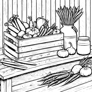 Rustikale Steckrüben in der Holzkiste Ausmalvorlage für verträumte Gartenfreunde