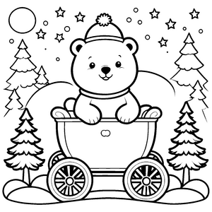 Niedlicher Bär im Schlitten Ausmalbild für kleine Winterfreunde