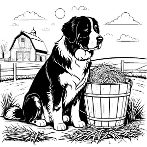 Ruhiger Berner Sennenhund mit Heueimer Malvorlage für kreative Bauernhofkinder