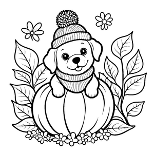 Niedlicher Kawaii-Hund im Kürbis Malvorlage für kreative Herbstfreunde