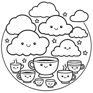 Fröhliche Kawaii-Wolken mit Tassen Malbild für junge Kaffeeliebhaber