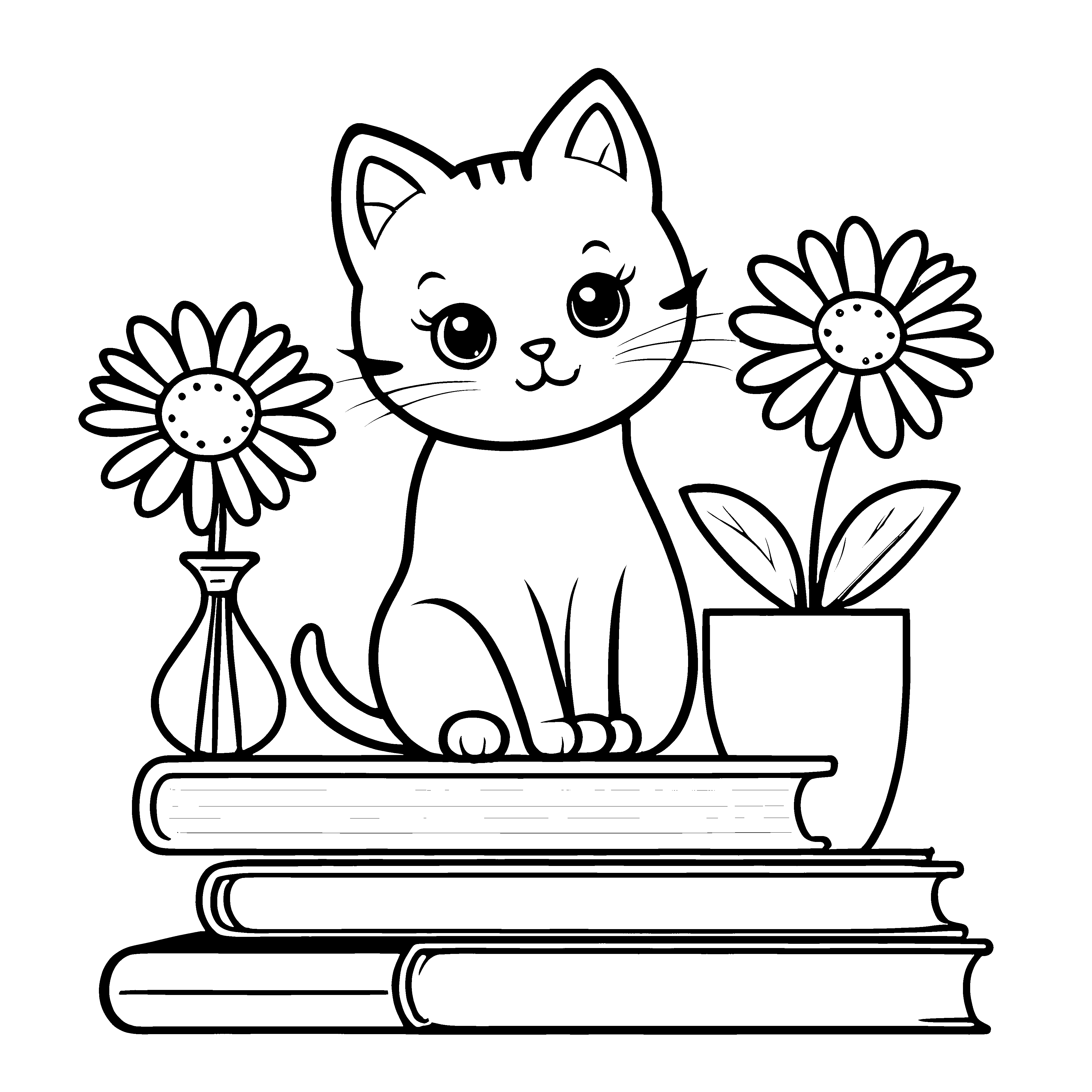 Verspielte Kawaii-Katze auf Büchern Bastelvorlage für mutige Bücherwürmer