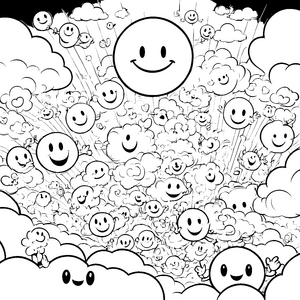 Strahlende Smileys in Wolken Malvorlage für fröhliche Wolkenläufer