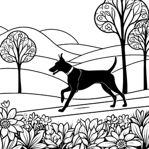 Mutiger Dobermann auf Blumenpfad Malvorlage für verträumte Naturfreunde