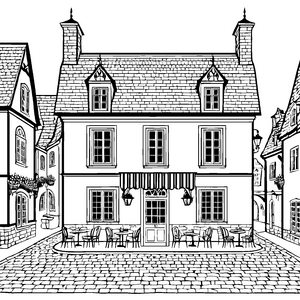 Historische Taverne mit Markise Ausmalvorlage für fröhliche Fachwerkfreunde