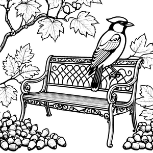 Verspielte Elster auf der Gartenbank Ausmalbild für Waldfreunde