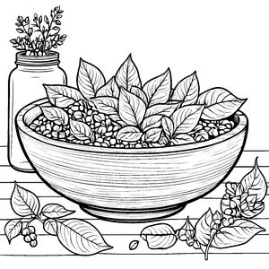 Rustikale Amaranth-Blätter in einer Schale Malvorlage für kreative Kräuterkundler
