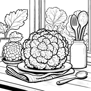 Rustikaler Blumenkohl mit Besteck Bastelmotiv für junge Küchenhelfer