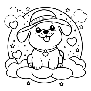 Träumender Kawaii-Hund auf Wolke Ausmalvorlage für kreative Sternenbauer