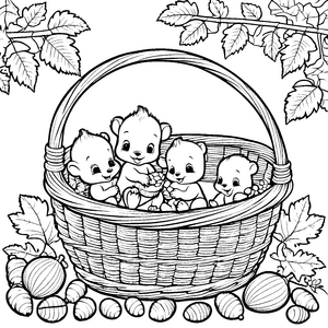 Verspielte Stinktier-Babys im Korb Malvorlage für kleine Waldfreunde