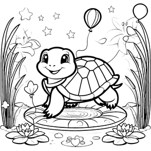 Freundliche Kawaii Schildkröte mit Luftballon Malvorlage für Teichfreunde