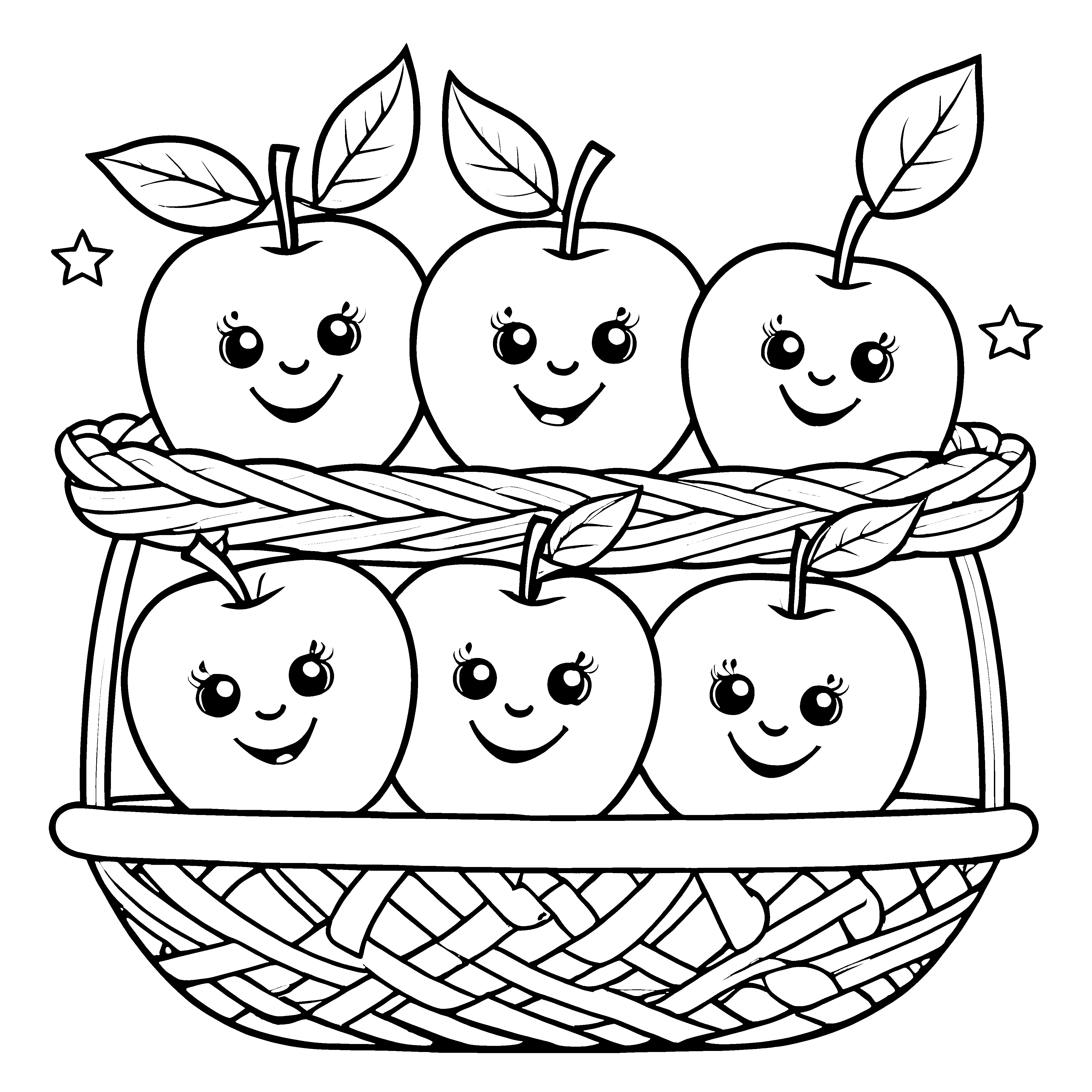 Herzliche Kawaii-Äpfel im geflochtenen Korb Malbild für mutige Obstsammler