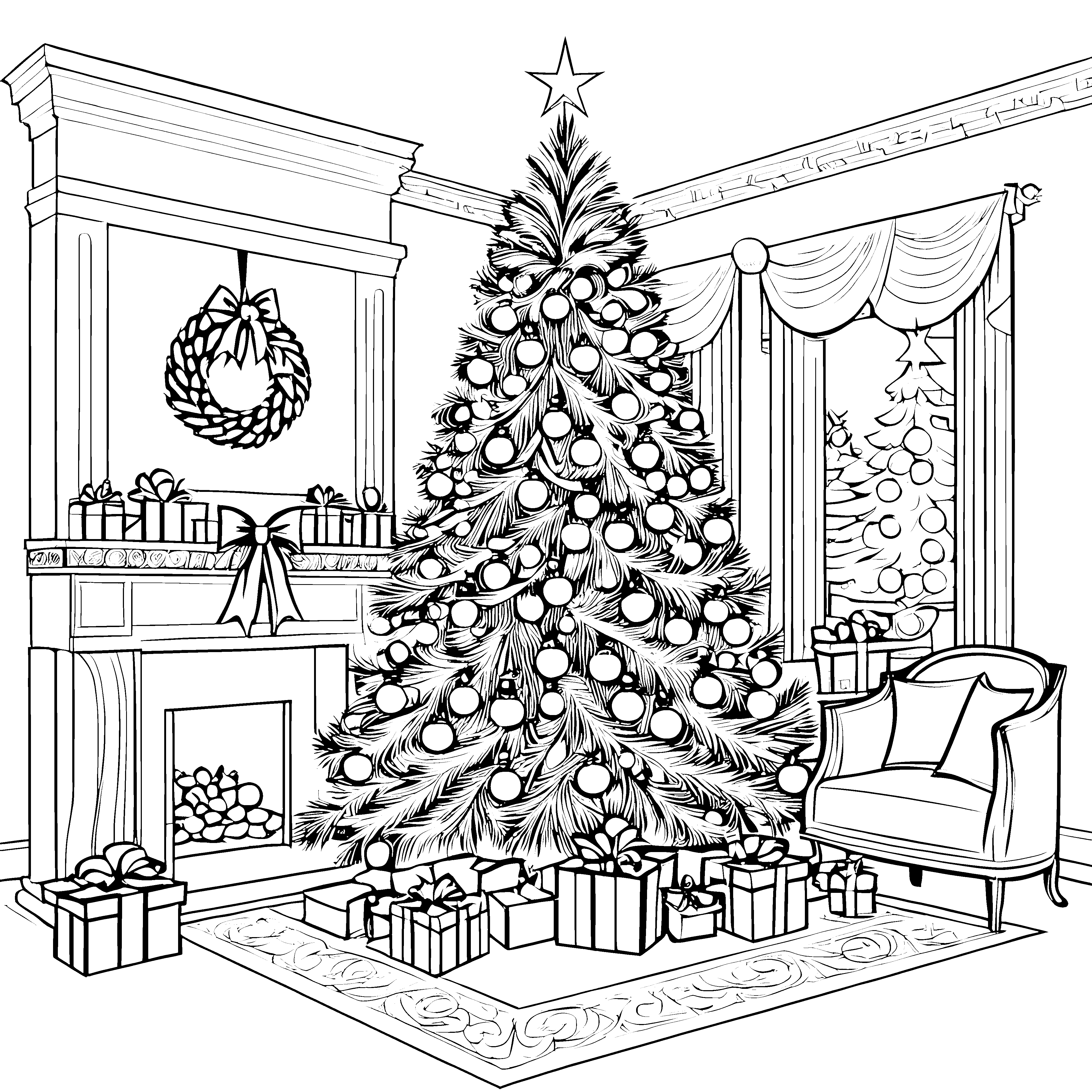 Festlicher Weihnachtsbaum mit Geschenken Ausmalvorlage für verträumte Winterfreunde