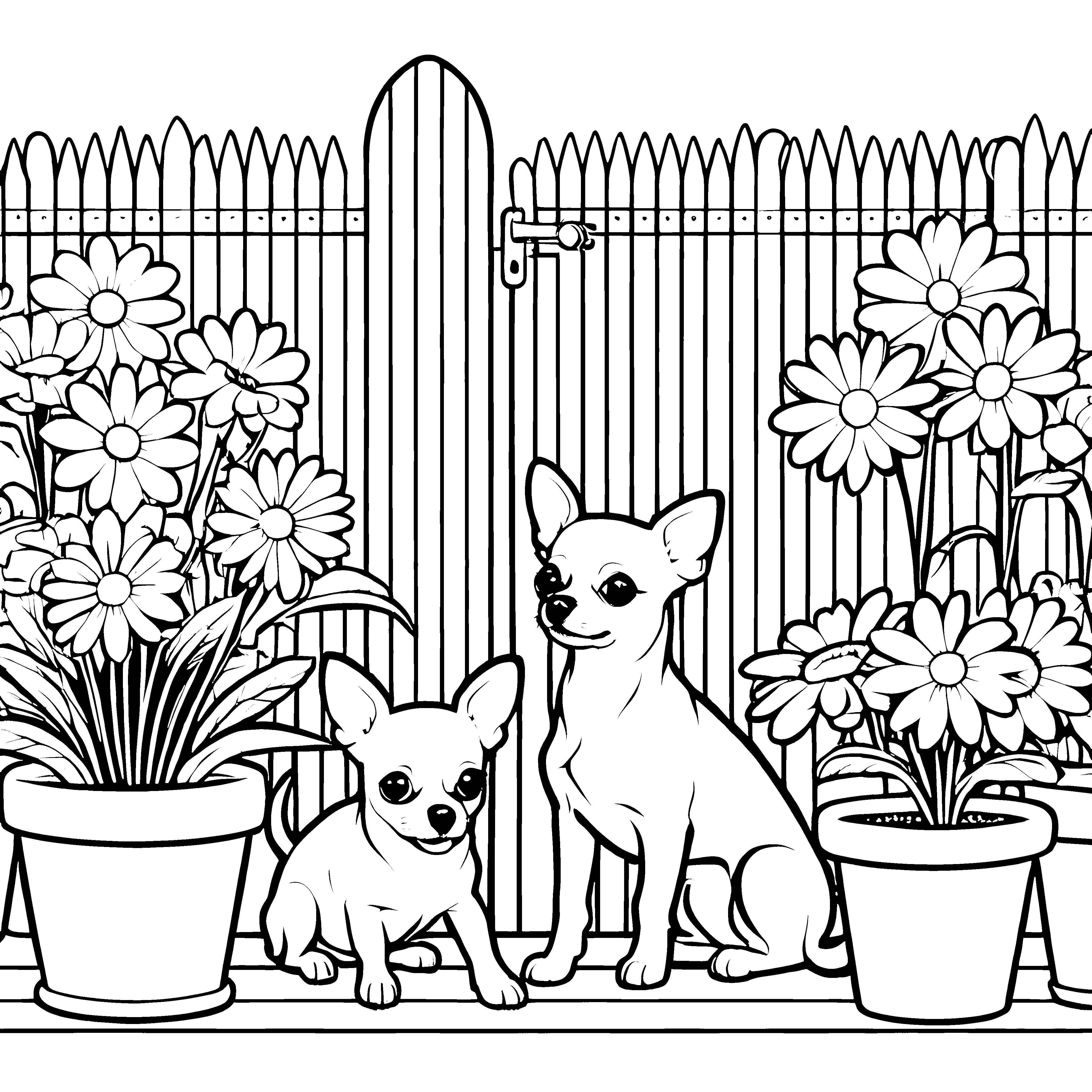 Niedliche Chihuahuas im Blumenbeet Ausmalvorlage für kleine Naturfreunde