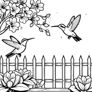 Farbenfrohe Kolibris im Blütenzaun Bastelmotiv für mutige Blütenbegeisterte
