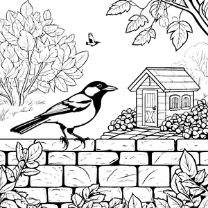 Wachsame Elster an der Steinmauer Bastelvorlage für verträumte Gartenfreunde