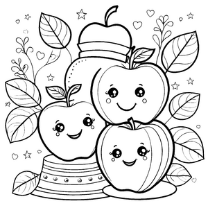 Fröhliche Kawaii-Äpfel mit Hüten Malvorlage für mutige Sternenjäger