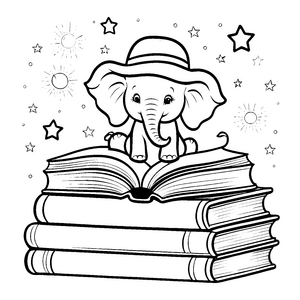 Lernfreudiger Elefant auf Büchern Ausmalvorlage für kleine Buchwürmer