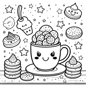 Niedliche Kawaii Cookies in einer Tasse Ausmalvorlage für Naschkatzen