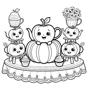 Gemütliche Kawaii-Äpfel mit Teekanne Malbild für kleine Gebäckfreunde