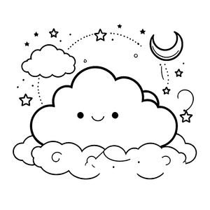 Traumhafte Kawaii-Wolken mit Sichelmond Ausmalvorlage für junge Sternenbauer